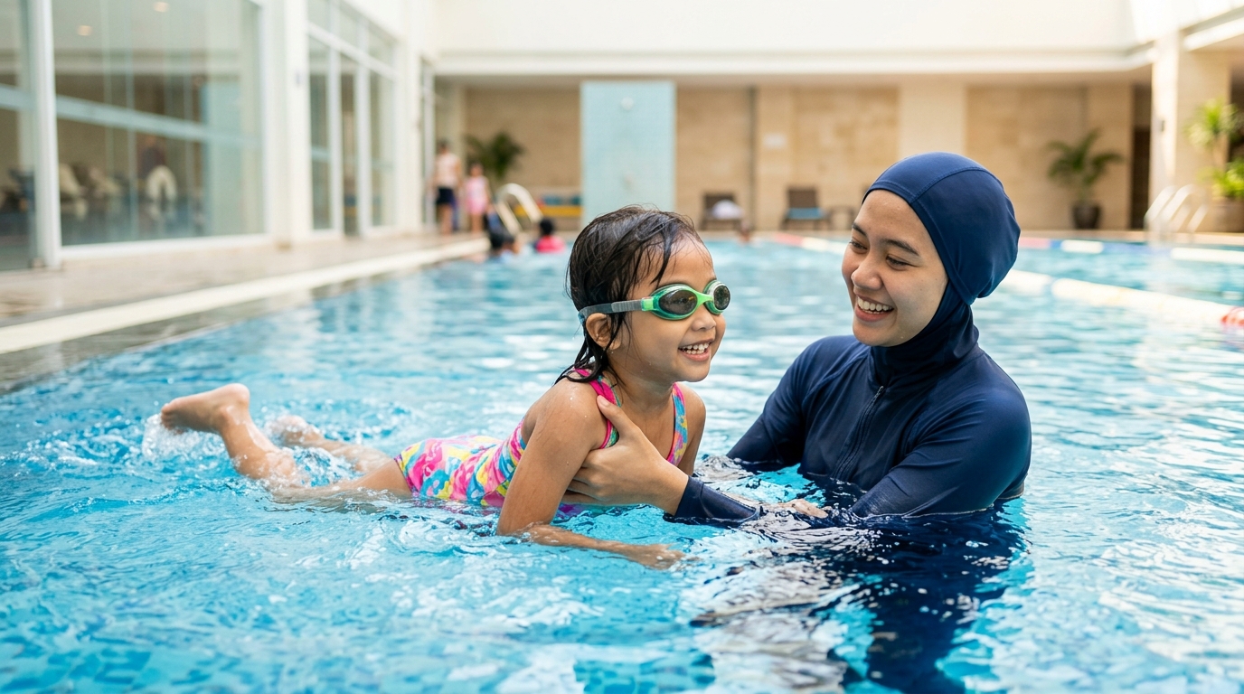 Pelatih mendampingi anak belajar renang di kolam